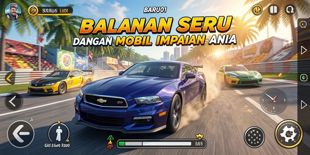 Tampilan menarik dari gameplay balapan di BARU01 dengan mobil balap yang cepat.