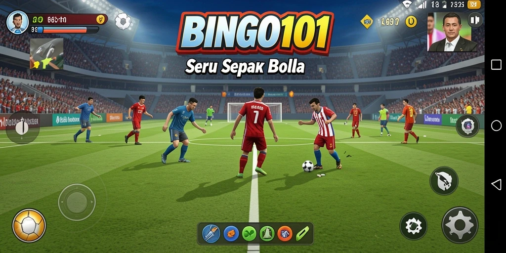 Screenshot BINGO101 menampilkan permainan bingo bertema sepak bola.