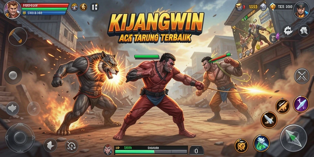 Tampilan gameplay KIJANGWIN dengan pertarungan seru dan karakter bertenaga.