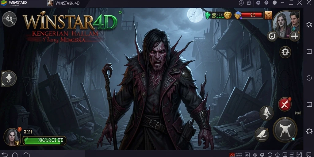 Tangkapan layar gameplay <strong>WINSTAR4D</strong> menampilkan suasana horor yang menegangkan.